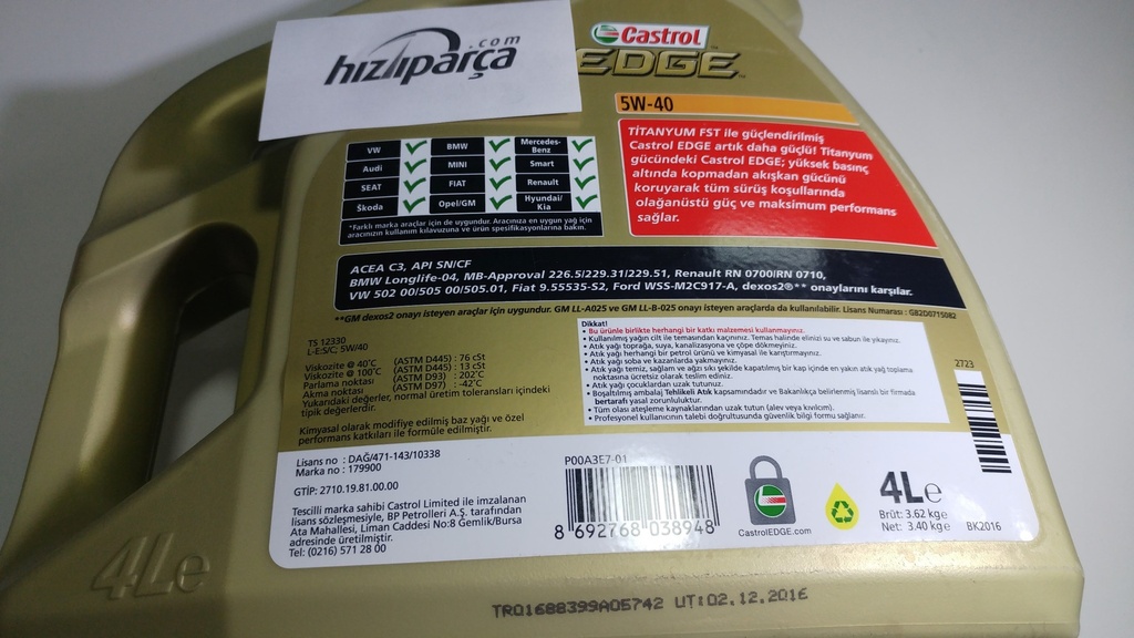 Castrol Edge Motor Yağı 5W40 4 Lt