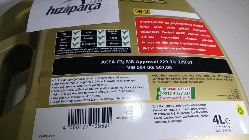 Castrol Motor Yağı Edge 5W30 4Lt ( Partikül Filtreli Araçlar)